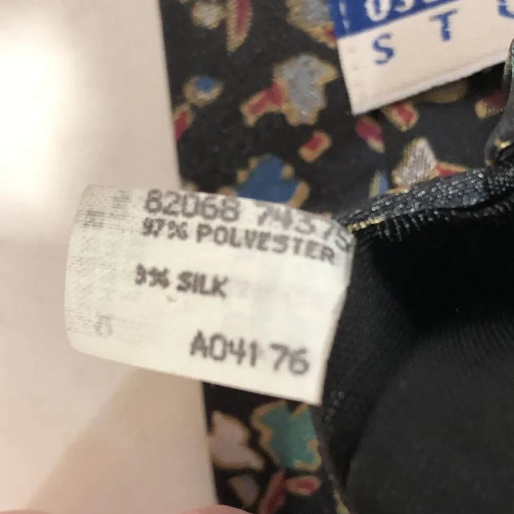 Vintage Oscar de la Renta Studio Tie Black Multicolor Geometric Print USA Retro